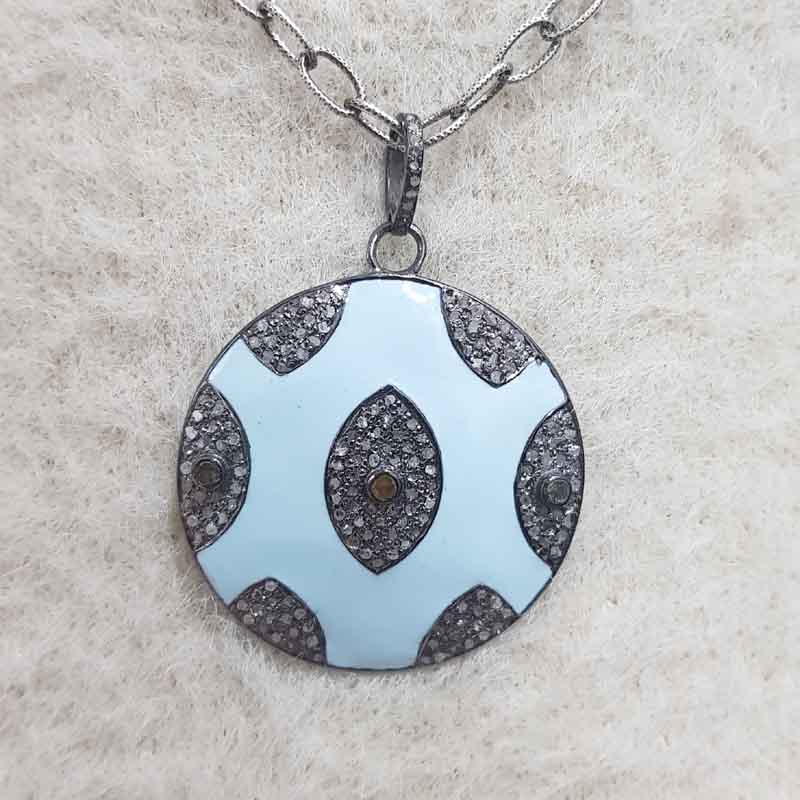 Turquoise Enamel Evil Eye Designer Pave Diamond Round Pendent