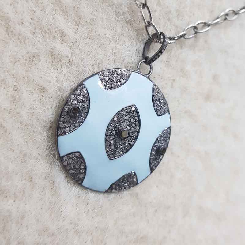 Turquoise Enamel Evil Eye Designer Pave Diamond Round Pendent