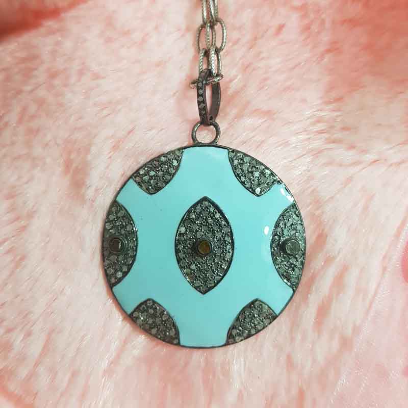 Turquoise Enamel Evil Eye Designer Pave Diamond Round Pendent