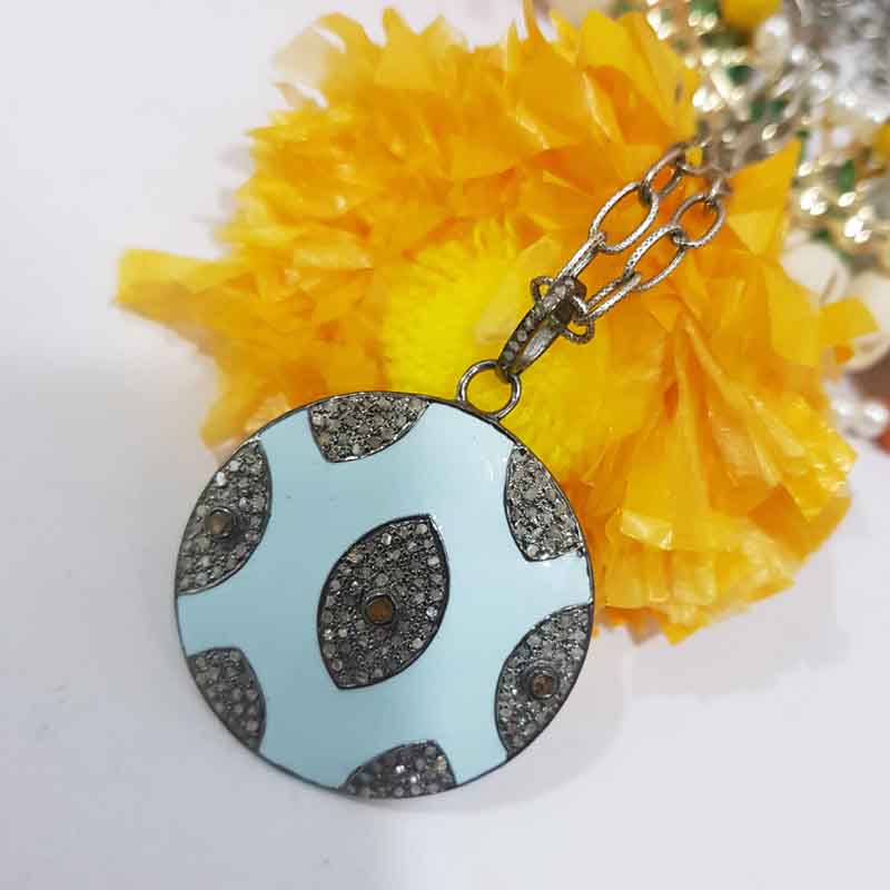 Turquoise Enamel Evil Eye Designer Pave Diamond Round Pendent