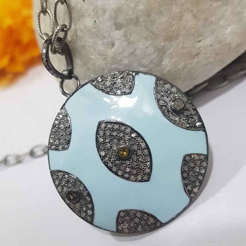 Turquoise Enamel Evil Eye Designer Pave Diamond Round Pendent