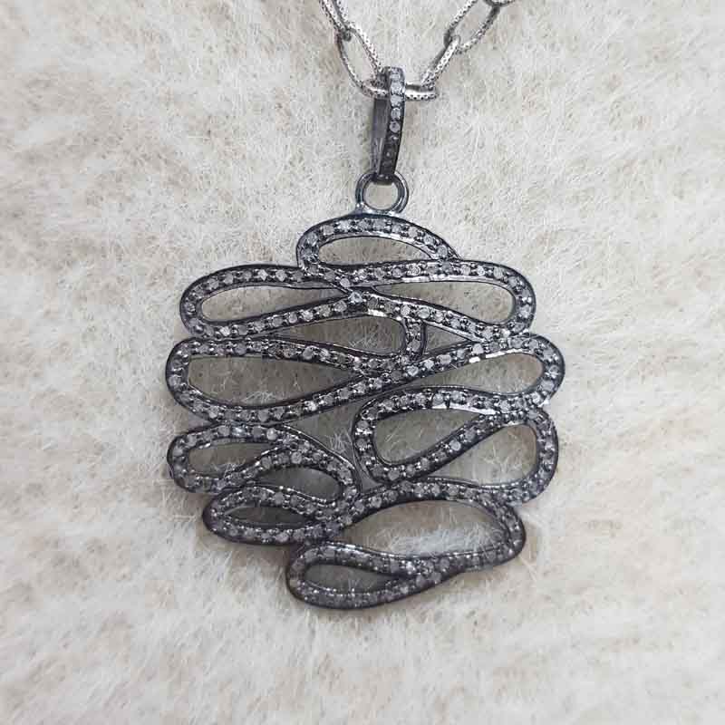 Zigzag Style Natural Pave Diamond Silver Pendent