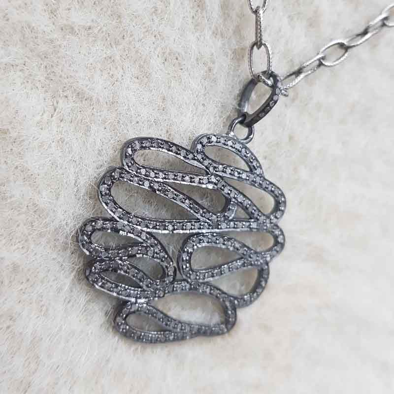 Zigzag Style Natural Pave Diamond Silver Pendent