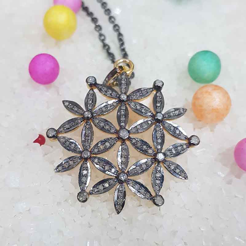 Gorgeous Yellow And Black Flower Style Pave Diamond Pendent