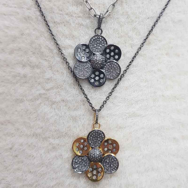 Glorious Two Tone Pave Diamond Flower Pendent