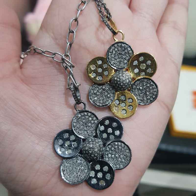 Glorious Two Tone Pave Diamond Flower Pendent