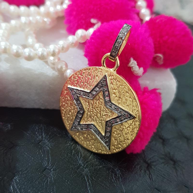 Two Tone Fancy Designer Handmade Round Pendant Joined Star With Pave Layer