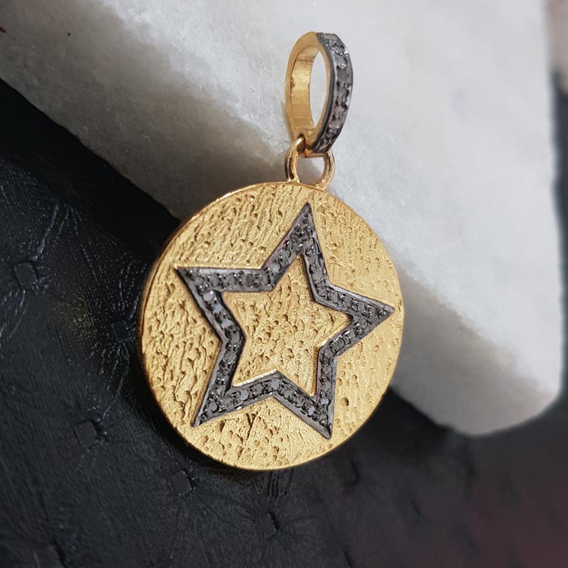 Two Tone Fancy Designer Handmade Round Pendant Joined Star With Pave Layer