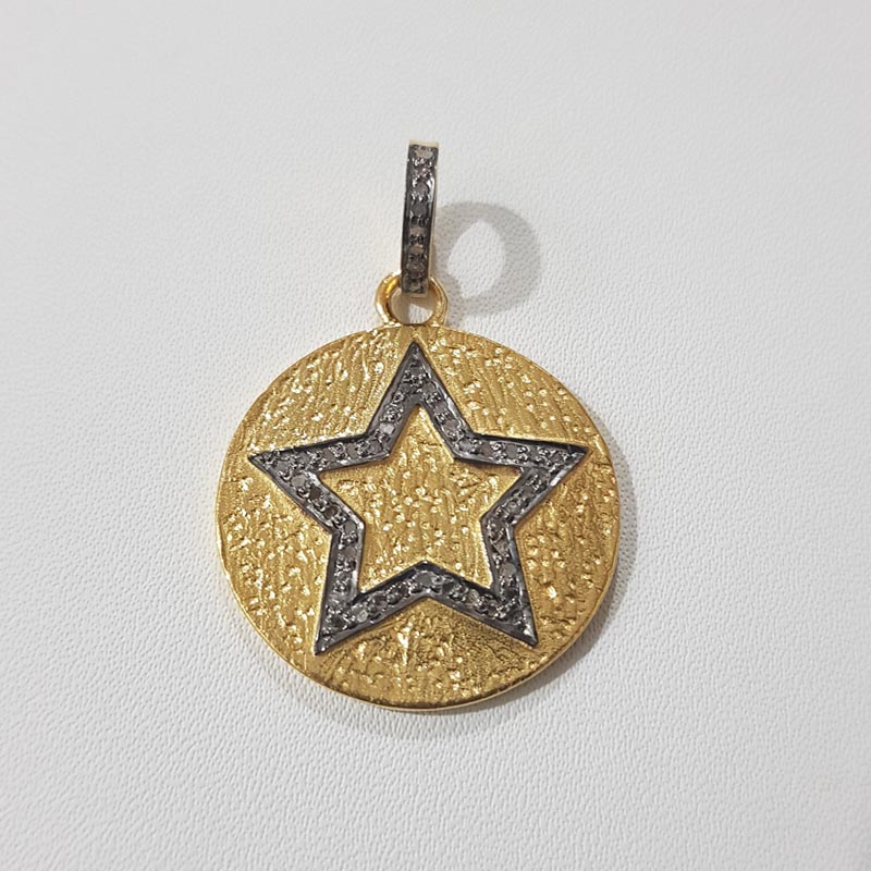 Two Tone Fancy Designer Handmade Round Pendant Joined Star With Pave Layer