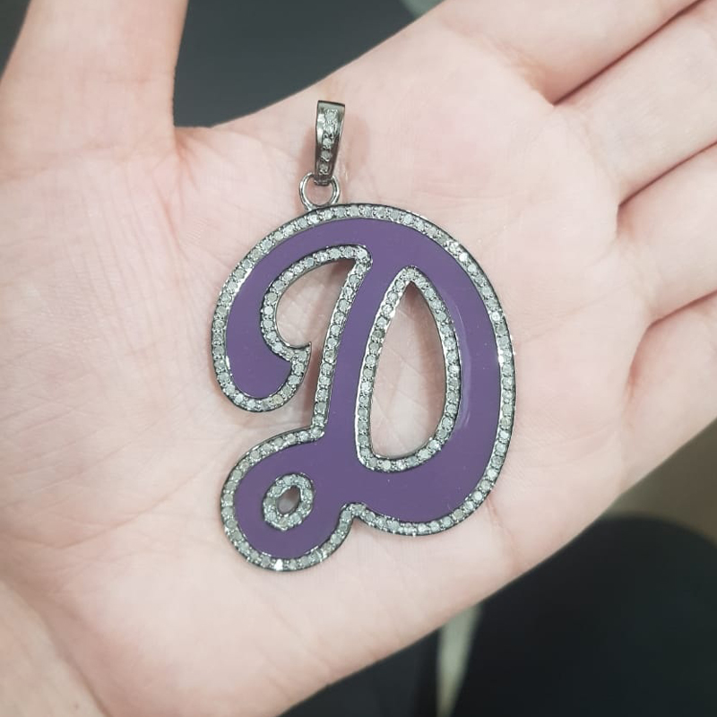 Glorious Purple Enamel D Latter Pendant With Pave Diamond Layers