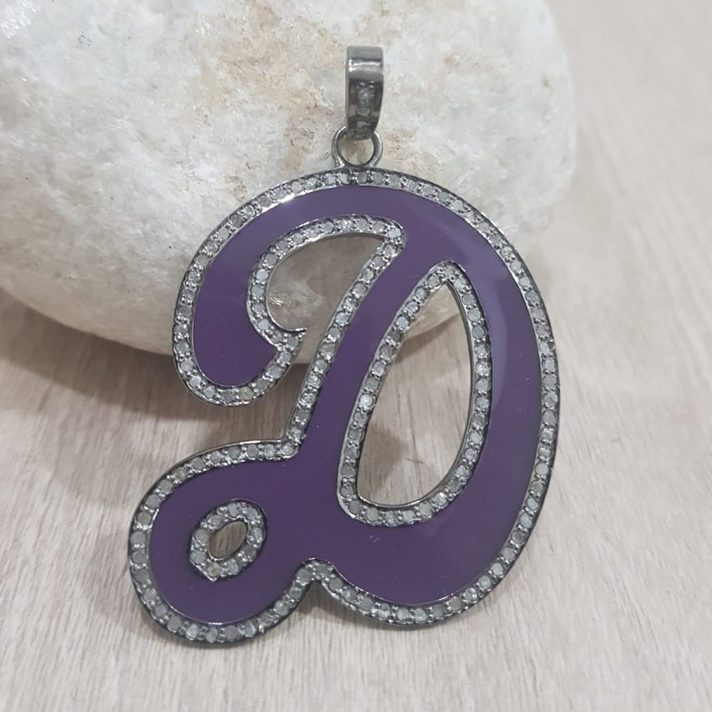 Glorious Purple Enamel D Latter Pendant With Pave Diamond Layers