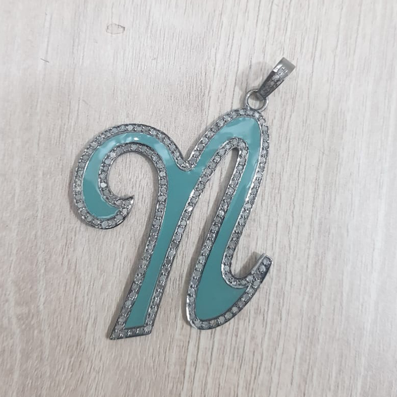 N Latter  Enamel Pendant With Pave Diamond Layers