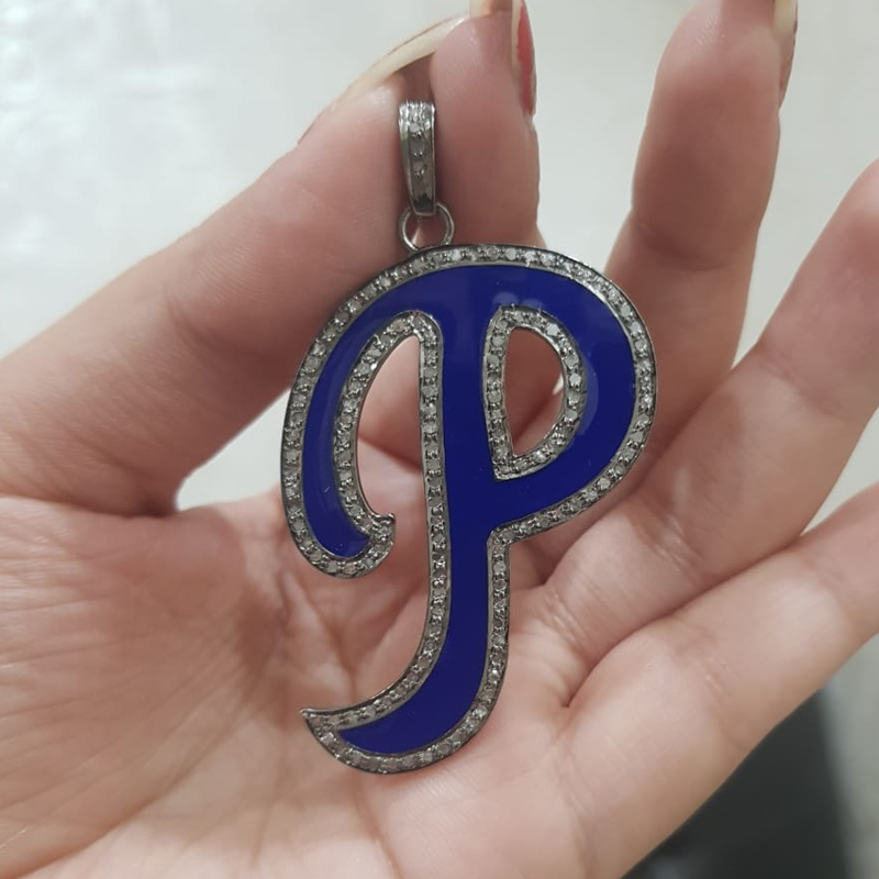 Blue Enamel P Latter Pendant Necklace With Pave Diamond Layers