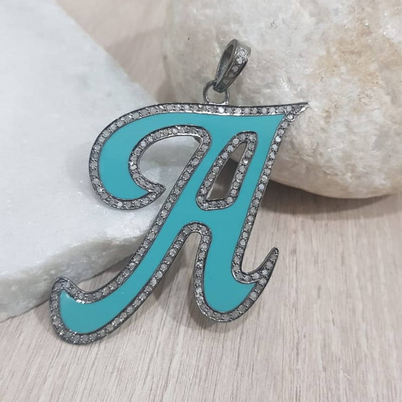 Turquoise Enamel A Latter Pendant With Pave Diamond Layers