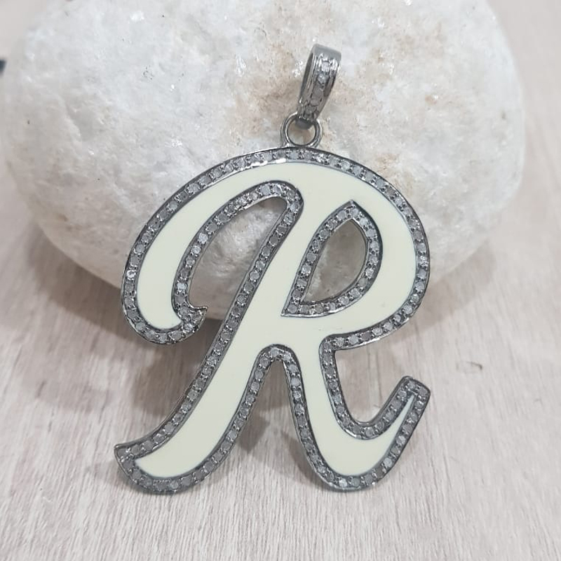 Cream Enamel R Latter Pendant Necklace With Pave Layers