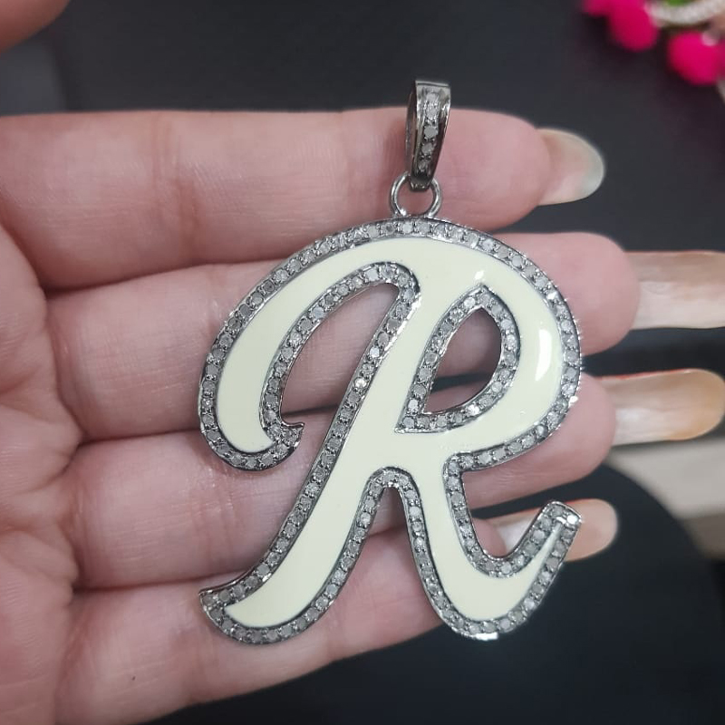 Cream Enamel R Latter Pendant Necklace With Pave Layers