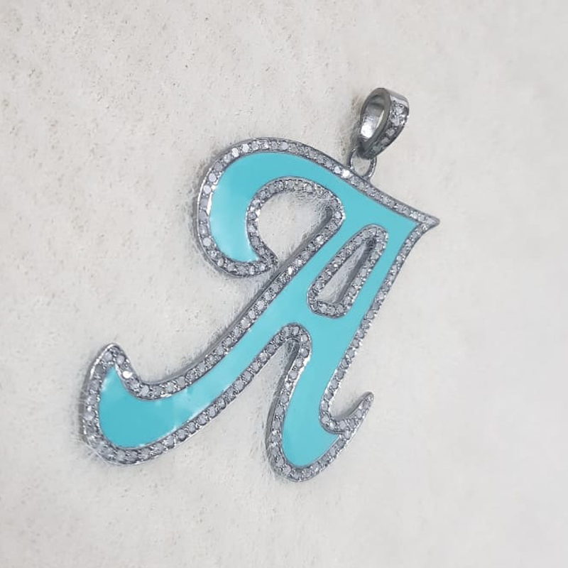 Turquoise Enamel A Latter Pendant With Pave Diamond Layers