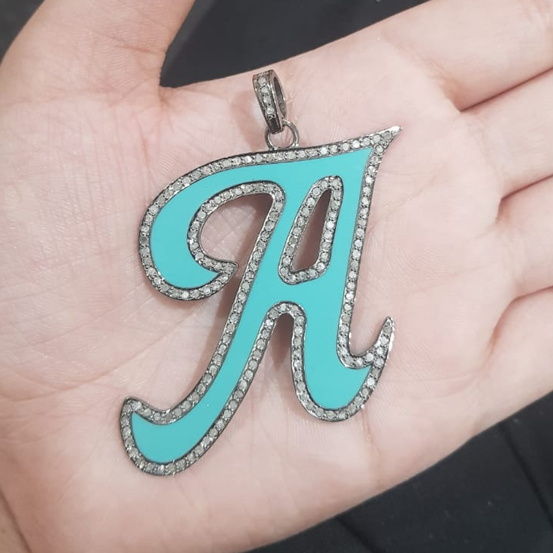 Turquoise Enamel A Latter Pendant With Pave Diamond Layers