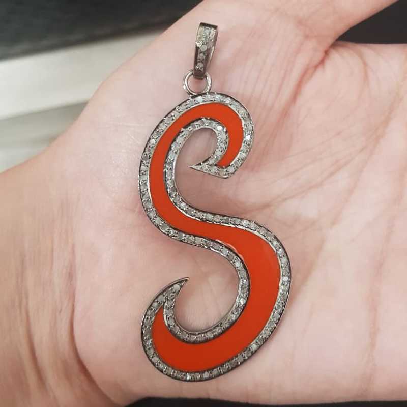 Orange Enamel S Latter Pendant With Pave Diamond Layers