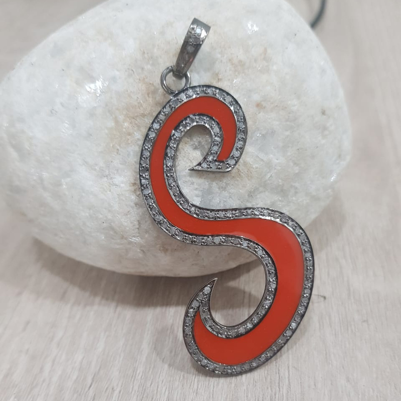 Orange Enamel S Latter Pendant With Pave Diamond Layers