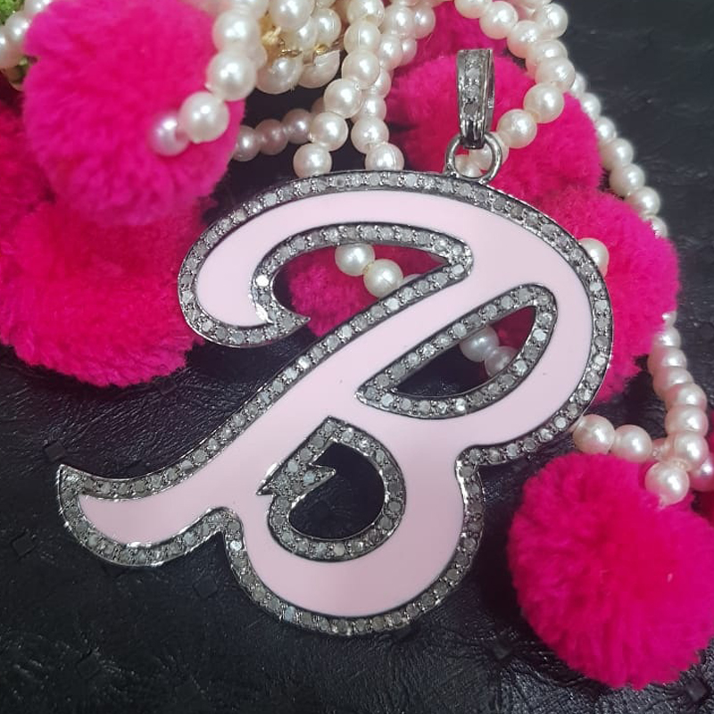 Pink Enamel B Latter Pendant With Pave Diamond Layers