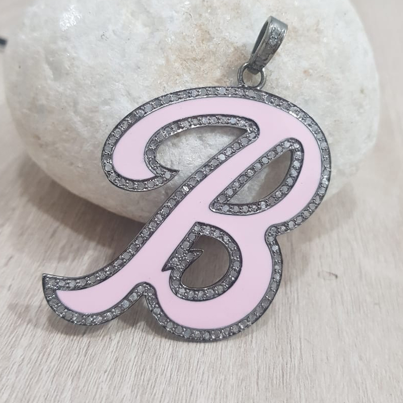 Pink Enamel B Latter Pendant With Pave Diamond Layers