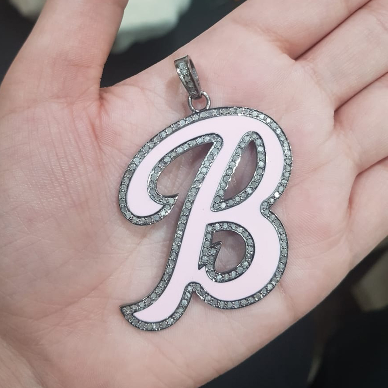 Pink Enamel B Latter Pendant With Pave Diamond Layers