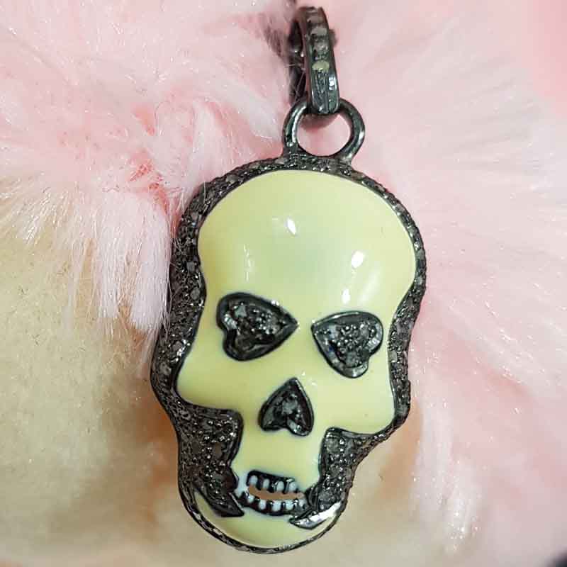 Yellow Enamel Pave Diamond Fancy Designer Skull Pendent