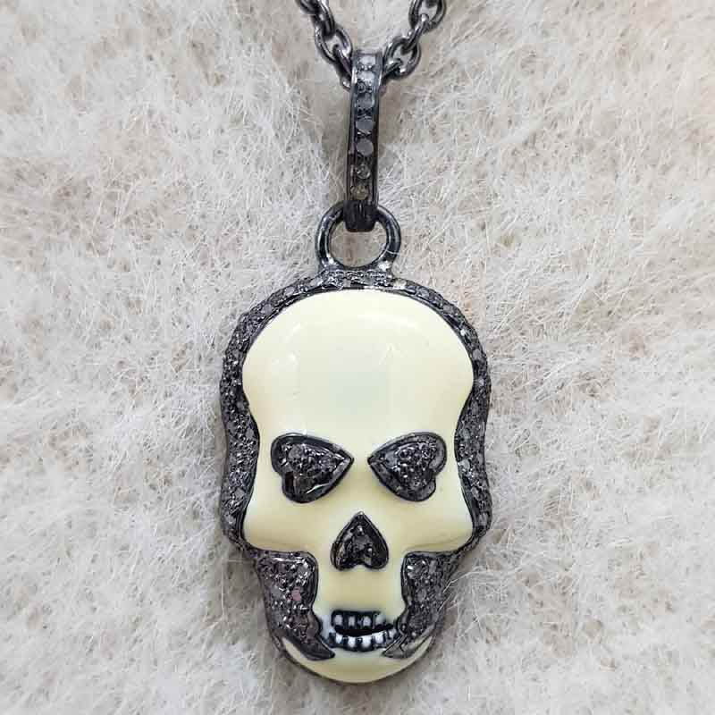 Yellow Enamel Pave Diamond Fancy Designer Skull Pendent