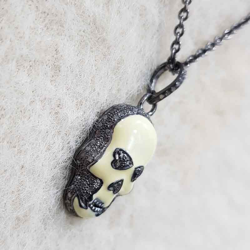 Yellow Enamel Pave Diamond Fancy Designer Skull Pendent