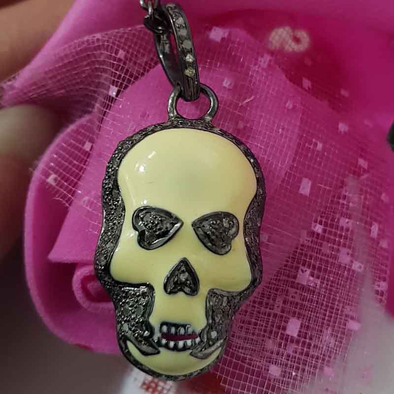 Yellow Enamel Pave Diamond Fancy Designer Skull Pendent