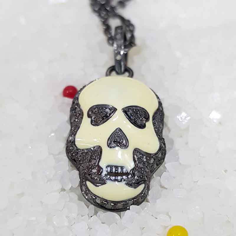 Yellow Enamel Pave Diamond Fancy Designer Skull Pendent