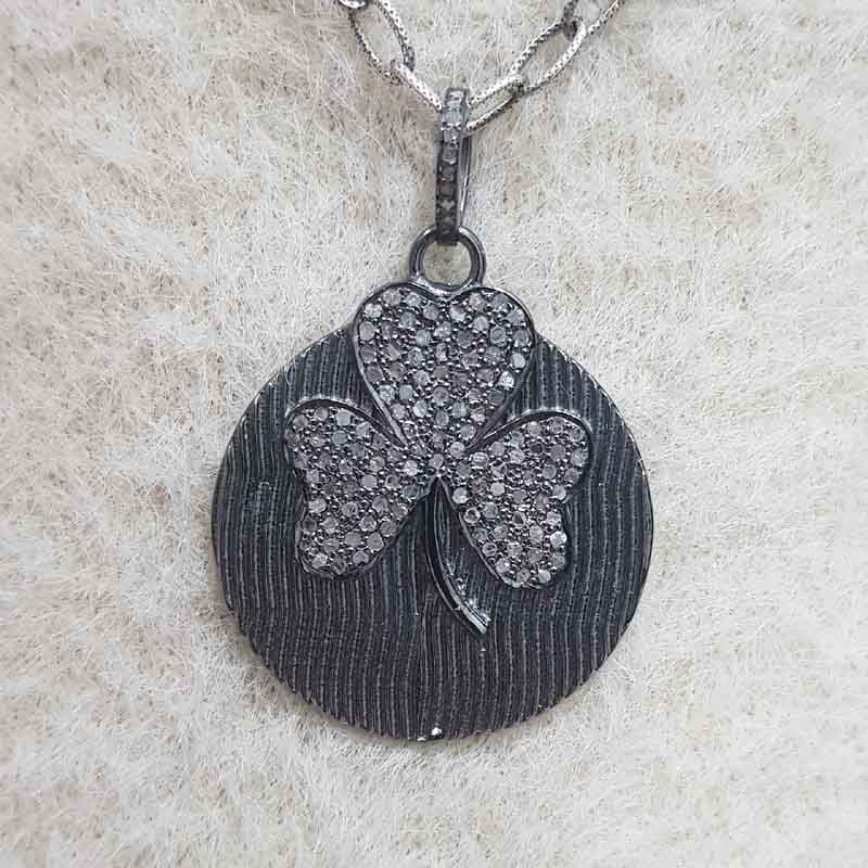 Round Disk With Heart Flower Pave Diamond Silver Pendent