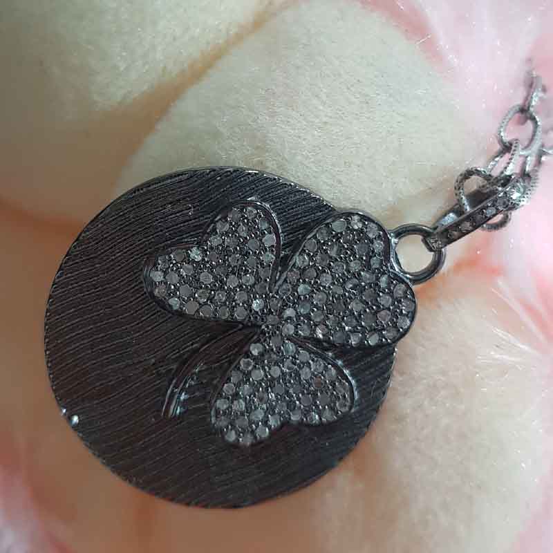 Round Disk With Heart Flower Pave Diamond Silver Pendent