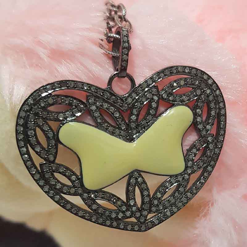 Fancy Designer Heart Pendent With Cream Enamel And Pave Layers