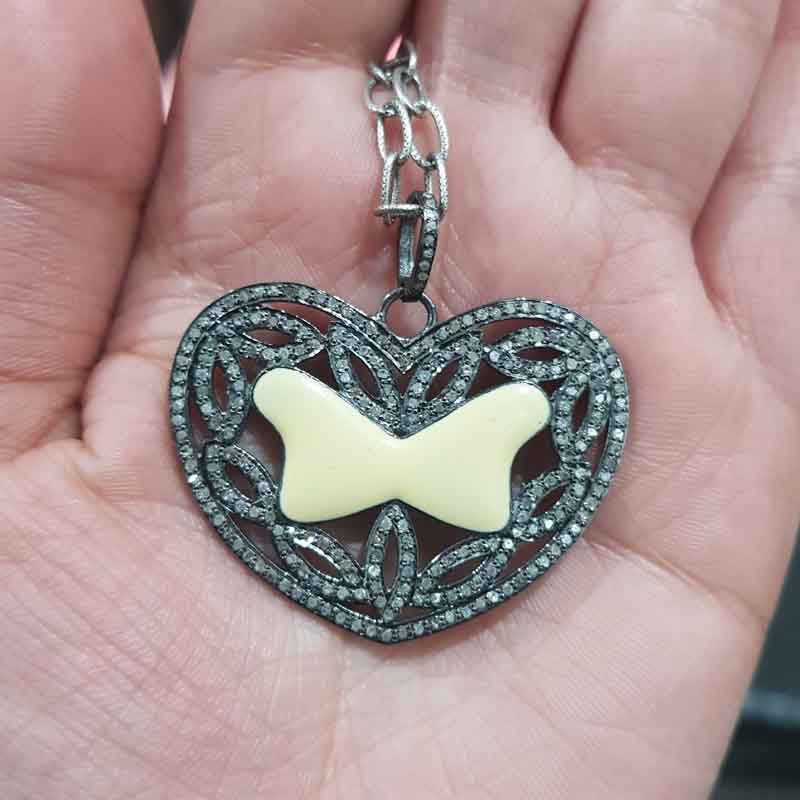 Fancy Designer Heart Pendent With Cream Enamel And Pave Layers