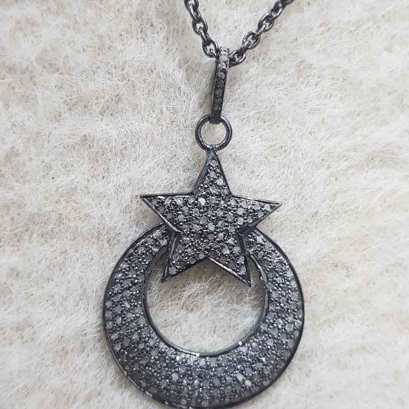 Pave Diamond Moon With Star Pendent