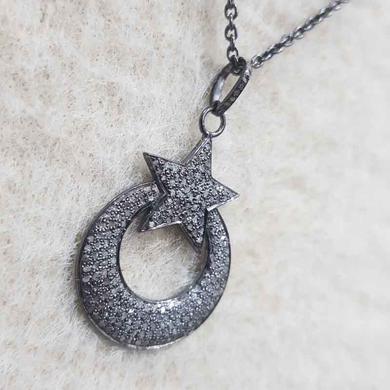 Pave Diamond Moon With Star Pendent