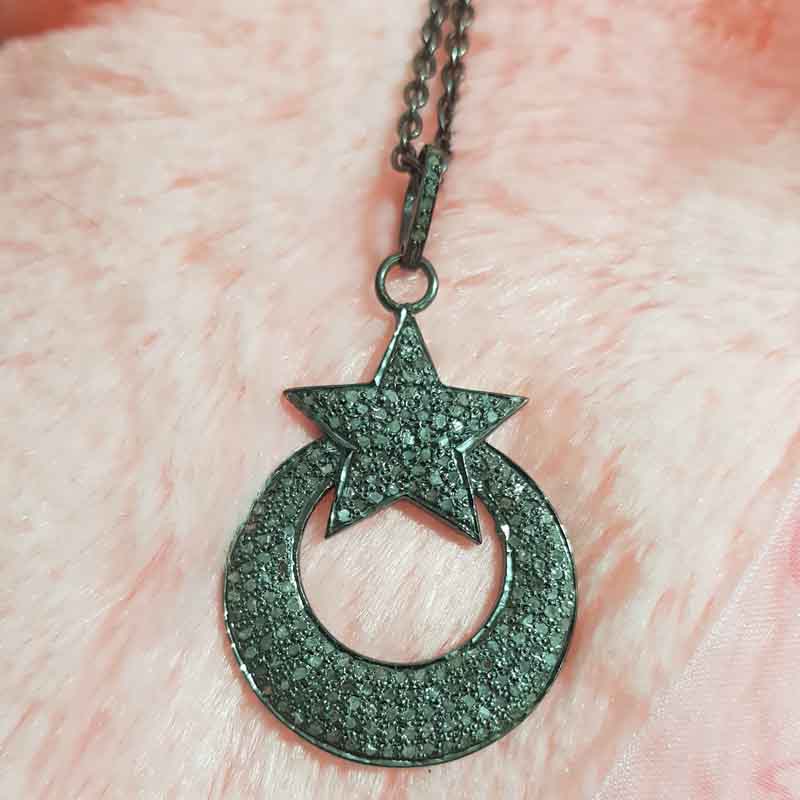 Pave Diamond Moon With Star Pendent