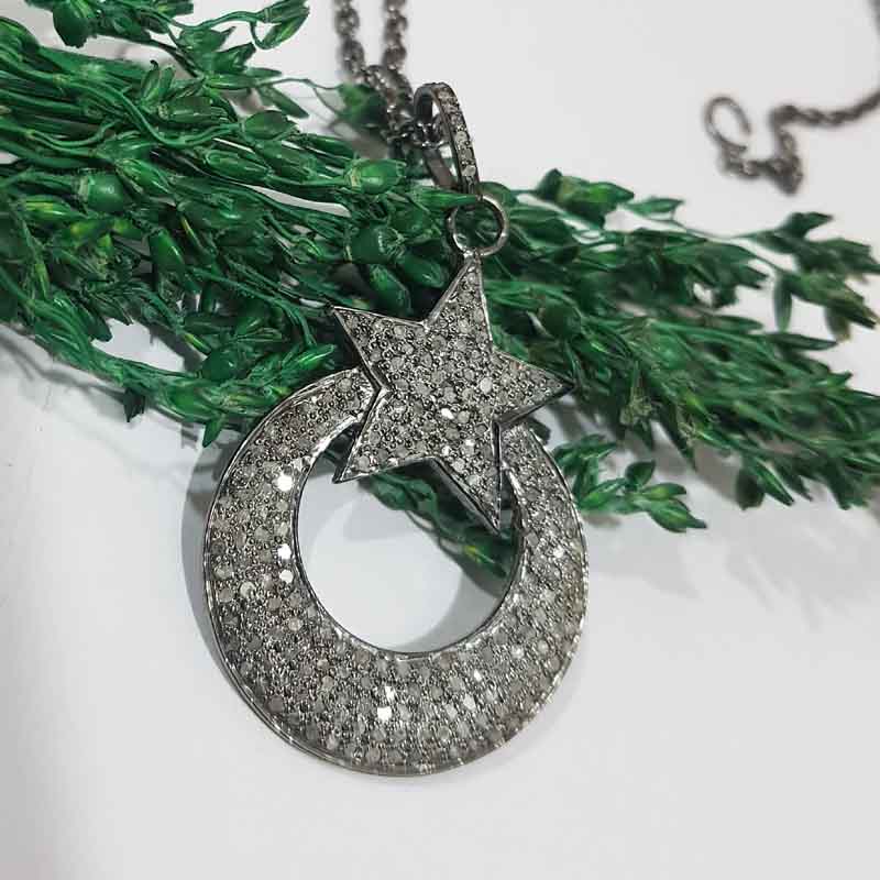 Pave Diamond Moon With Star Pendent