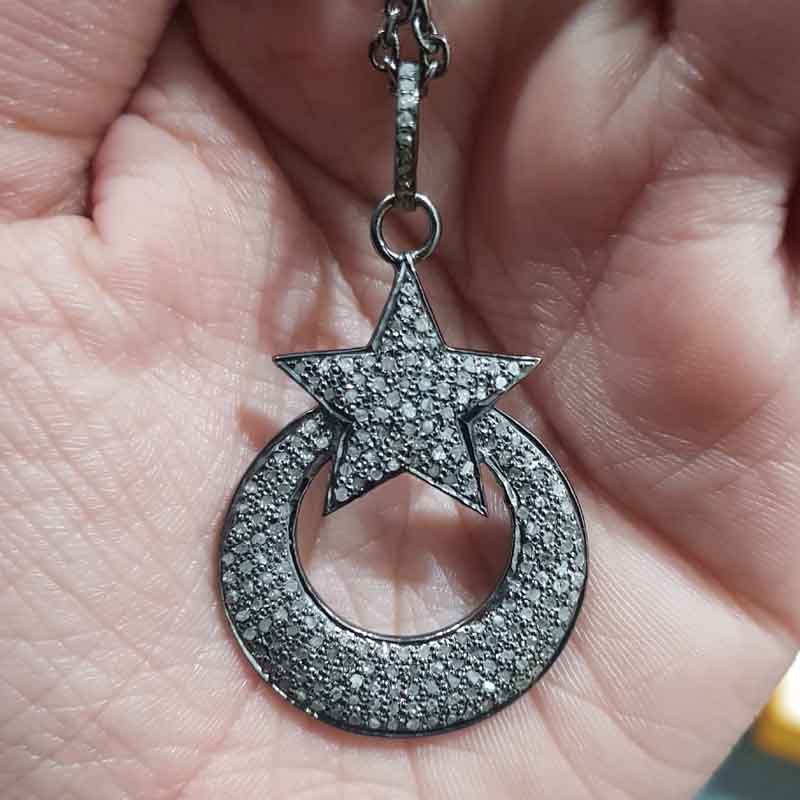 Pave Diamond Moon With Star Pendent