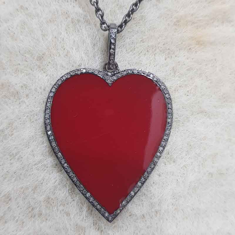 Red Enamel Heart Pendent With Pave Diamond Layers