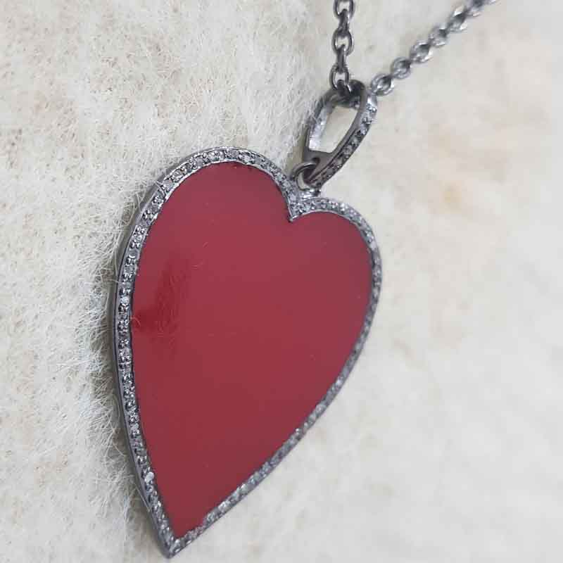 Red Enamel Heart Pendent With Pave Diamond Layers