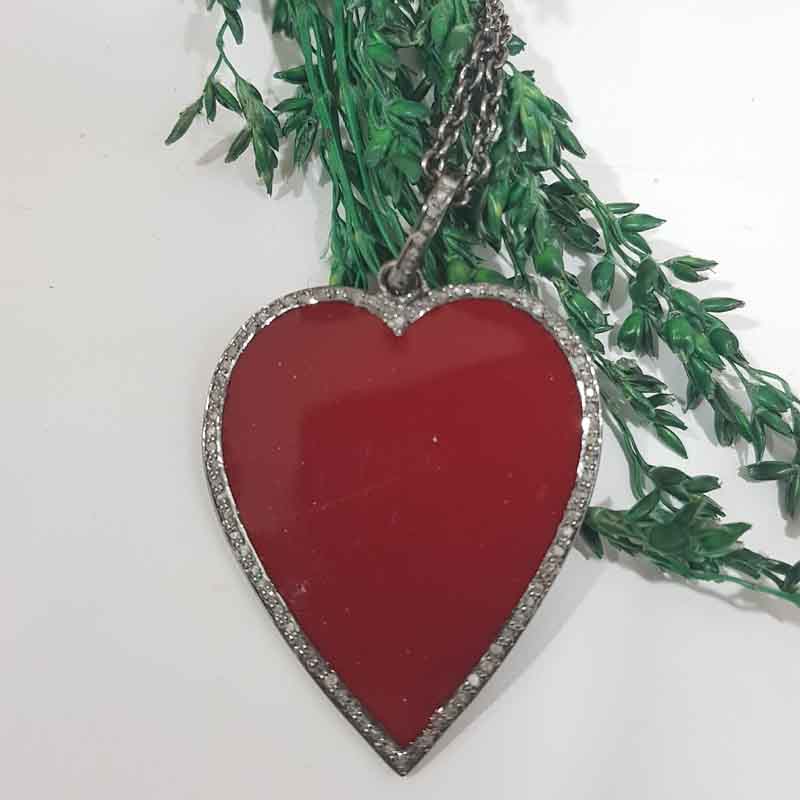 Red Enamel Heart Pendent With Pave Diamond Layers