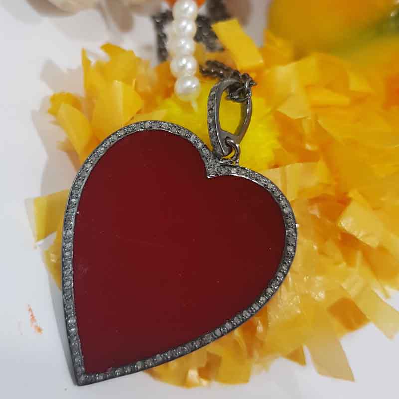 Red Enamel Heart Pendent With Pave Diamond Layers