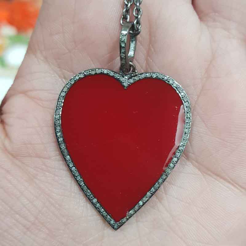 Red Enamel Heart Pendent With Pave Diamond Layers