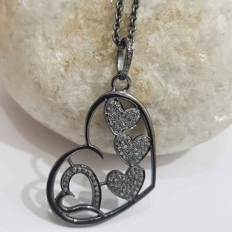 Handmade Style Pave Diamond Heart With Multi Joined Hearts Pendent