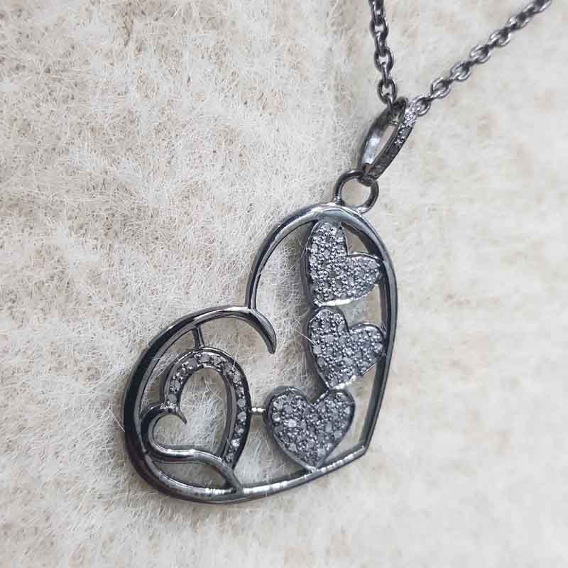 Handmade Style Pave Diamond Heart With Multi Joined Hearts Pendent