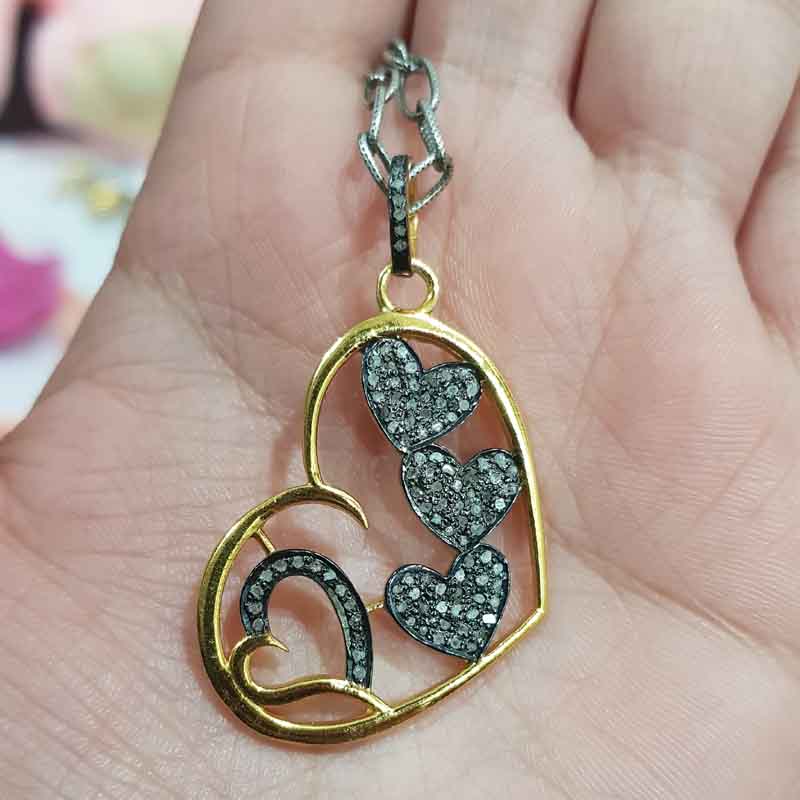 Handmade Style Pave Diamond Heart With Multi Joined Hearts Pendent