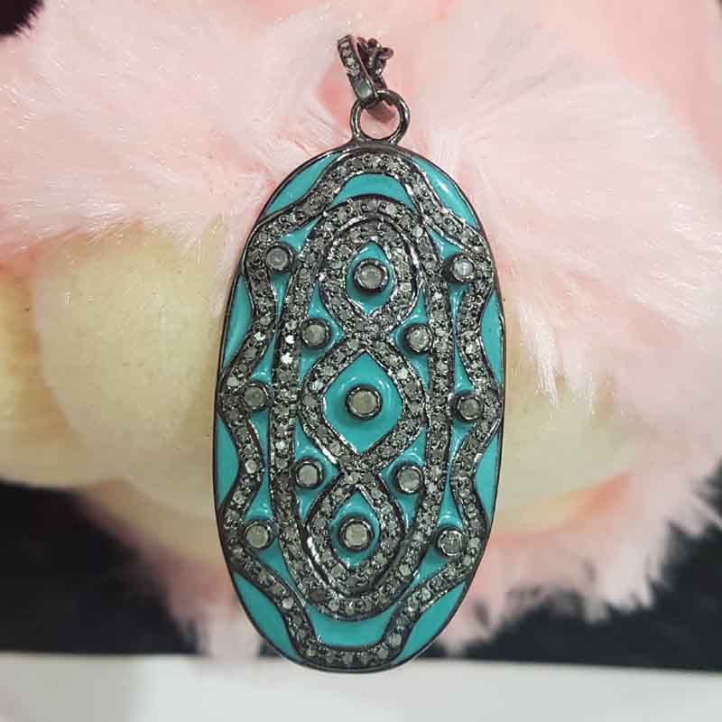 Two Tone Pave Diamond Fancy Designer Oval Shaped Enamel Pendent